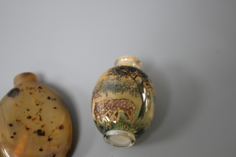 Two Chinese snuff bottles: agate and internally painted glass and a European porcelain scent flask